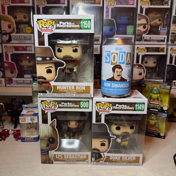 Funko Pop Parks And Rec Lot Of 4 - 3 Funkos + 1 Sealed Soda - Lil Sebastian